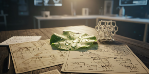Auf einem Holztisch liegen bionische Zeichnungen und ein großes Blatt mit Wassertropfen, daneben ein technisches 3D-Modell – Symbol für Inspiration aus der Natur